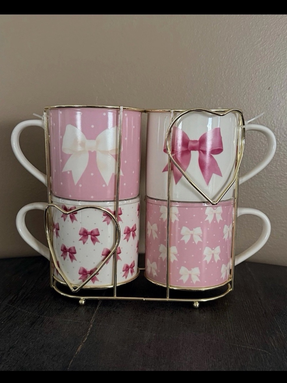 CUTE! 🎀 Stackable Bow Coffee Mugs Tea Cup With Wire Rack Set Of 4 Market Finds
